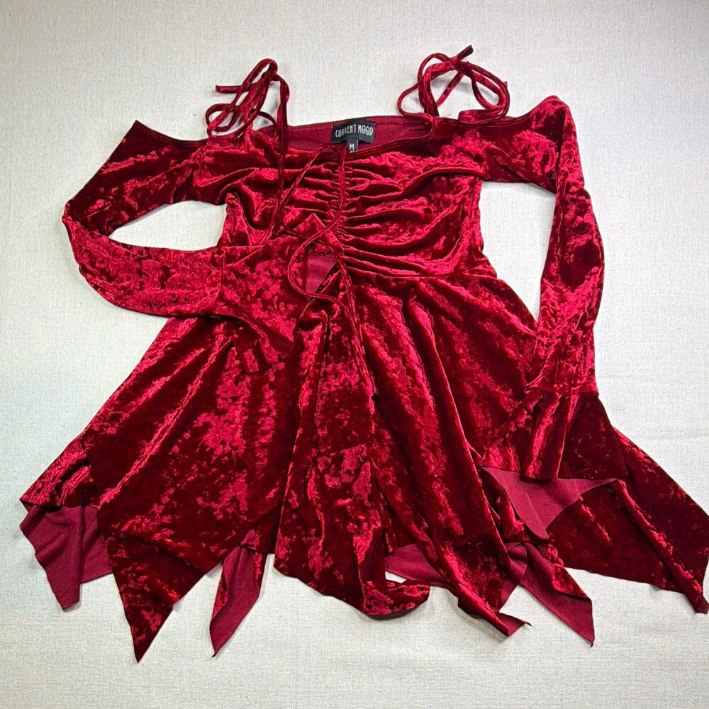 Current Mood Red Velvet Off Shoulder Lace Up Bell Sleeve Mini Dress Size M